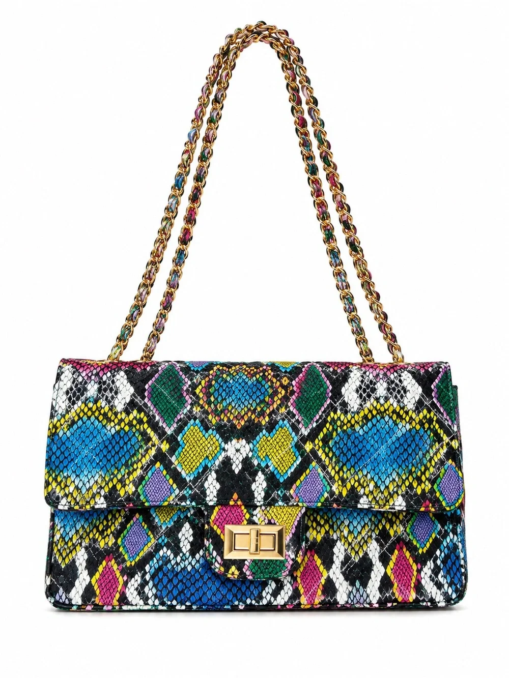 Multicolor Snakeskin Print Quilted Shoulder Bag Gold Chain 6 Compartments
